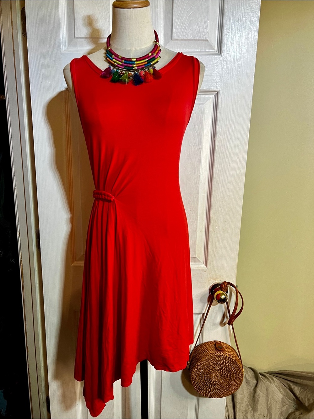 New Max Studio Wms Red Jersey Braid Asymmetric Sleeveless Boho Mini Dress XS